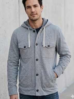 ​James Perse Button Front Hooded Jacket | Carbon Grey Mixed Media Shacket | Size